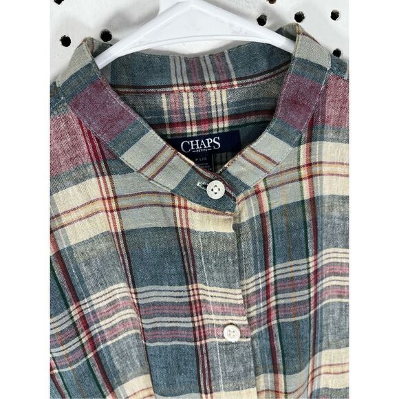 Chaps Plaid button down Henley linen blend top - Picture 5 of 7